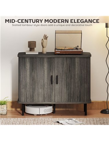 HOMCOM Mid-Century Modern Sideboard Storage Cabinet with Slatted Tambour Sliding Doors, Kitchen Cabinet with Steel Legs, Grey