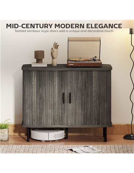 HOMCOM Mid-Century Modern Sideboard Storage Cabinet with Slatted Tambour Sliding Doors, Kitchen Cabinet with Steel Legs, Grey - pic 173691 | FastDaddyshop