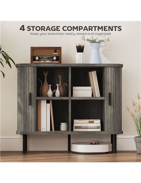 HOMCOM Mid-Century Modern Sideboard Storage Cabinet with Slatted Tambour Sliding Doors, Kitchen Cabinet with Steel Legs, Grey - pic 173693 | FastDaddyshop