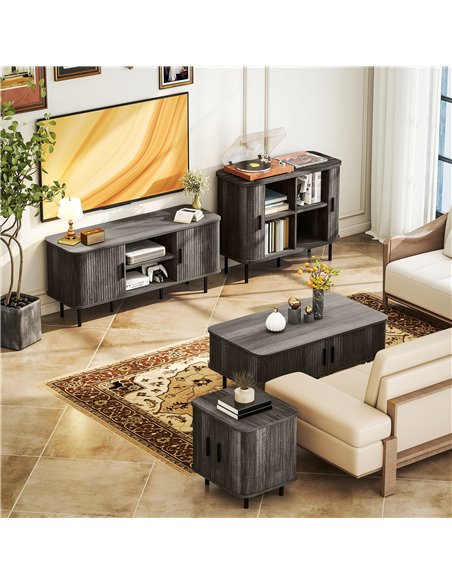 HOMCOM Mid-Century Modern Sideboard Storage Cabinet with Slatted Tambour Sliding Doors, Kitchen Cabinet with Steel Legs, Grey - pic 173695 | FastDaddyshop