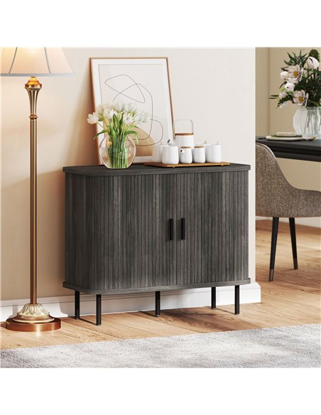 HOMCOM Mid-Century Modern Sideboard Storage Cabinet with Slatted Tambour Sliding Doors, Kitchen Cabinet with Steel Legs, Grey - pic 173696 | FastDaddyshop