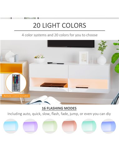 Homcom 1200mm Wall Mount TV Stand Entertainment Center with 20 Colors LED Lights, Storage & Cable Holes