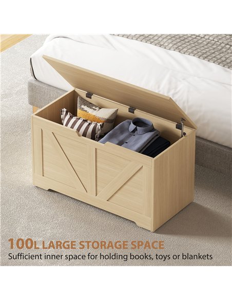 HOMCOM 100L Home Storage Box, with Safety Hinges - Natural Wood Finish - pic 173718 | FastDaddyshop
