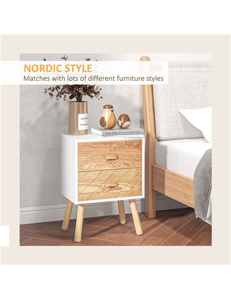 HOMCOM Bedside Table Set of 2, Modern Bedside Cabinets with Drawer and Pine Wood Legs, Nightstand for Bedroom, White and Natural - pic 173781 | FastDaddyshop