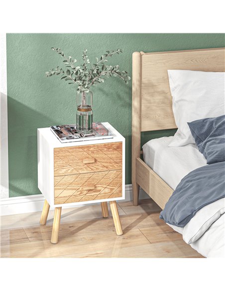 HOMCOM Bedside Table Set of 2, Modern Bedside Cabinets with Drawer and Pine Wood Legs, Nightstand for Bedroom, White and Natural - pic 173783 | FastDaddyshop