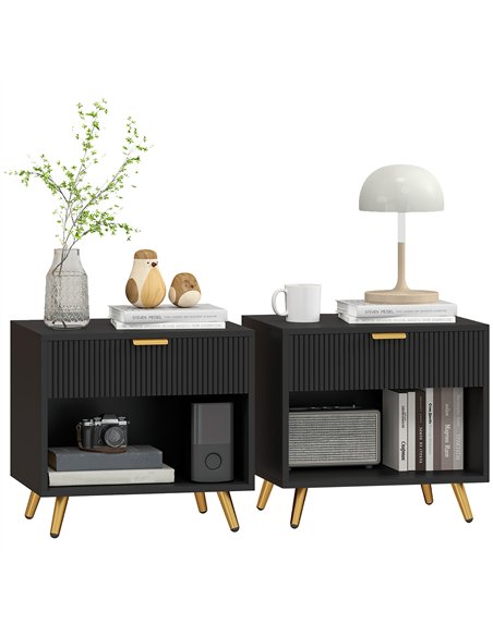 HOMCOM Elegant Bedside Table Set of 2, with Drawer and Shelf - Black/Gold Tone - pic 173787 | FastDaddyshop