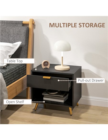 HOMCOM Elegant Bedside Table Set of 2, with Drawer and Shelf - Black/Gold Tone - pic 173791 | FastDaddyshop
