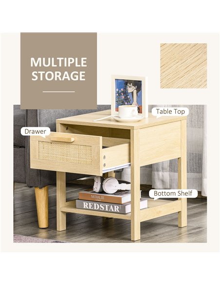 HOMCOM Bedside Table Set of 2 with Rattan Drawer, Rustic Side Tables with Storage Shelf for Bedroom, Living Room, Natural - pic 173809 | FastDaddyshop