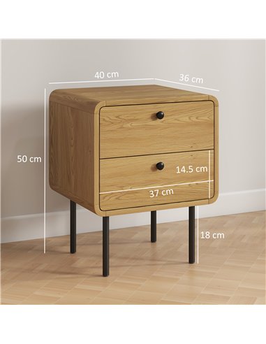 HOMCOM Bedside Table with 2 Drawers and Steel Legs - Oak