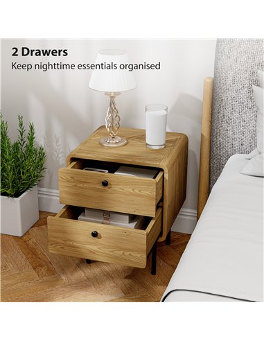 HOMCOM Bedside Table with 2 Drawers and Steel Legs - Oak
