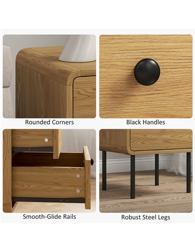 HOMCOM Bedside Table with 2 Drawers and Steel Legs - Oak