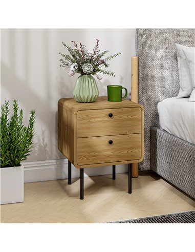 HOMCOM Bedside Table with 2 Drawers and Steel Legs - Oak
