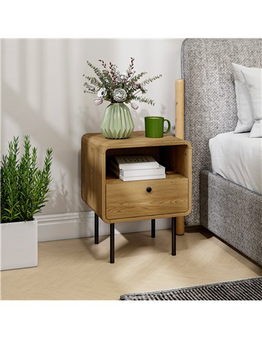 HOMCOM Bedside Table with Drawer and Open Shelf - Oak