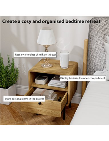 HOMCOM Bedside Table with Drawer and Open Shelf - Oak