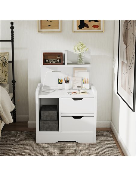 HOMCOM Bedside Table with 2 Drawers and Open Shelves - High Gloss White - pic 173892 | FastDaddyshop