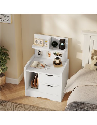 HOMCOM Bedside Table with 2 Drawers and Open Shelves - High Gloss White