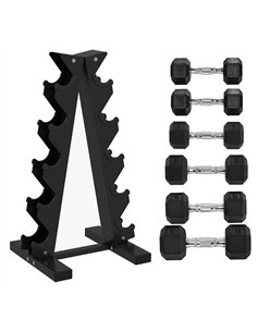 SPORTNOW 5-Tier Dumbbell Rack with 6 Hexagonal Rubber Dumbbells (2x4kg, 2x5kg, 2x6kg), Dumbbell Storage Stand Holder with Weight