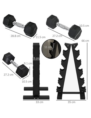 SPORTNOW 5-Tier Dumbbell Rack with 6 Hexagonal Rubber Dumbbells (2x4kg, 2x5kg, 2x6kg), Dumbbell Storage Stand Holder with Weight