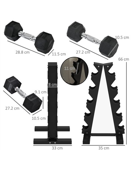 SPORTNOW 5-Tier Dumbbell Rack with 6 Hexagonal Rubber Dumbbells (2x4kg, 2x5kg, 2x6kg), Dumbbell Storage Stand Holder with Weight - pic 173915 | FastDaddyshop