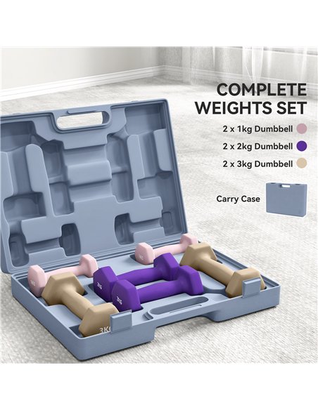 SPORTNOW 12kg Hex Dumbbells Set of 6, Hand Weights with Carry Case for Home Gym Strength Training, 2 x 1kg, 2 x 2kg, 2 x 3kg - pic 173934 | FastDaddyshop