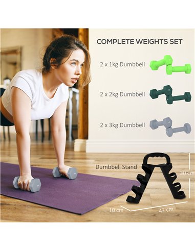 SPORTNOW Dumbbells Set with Storage Rack, 2 x 1kg, 2 x 2kg, 2 x 3kg, Green