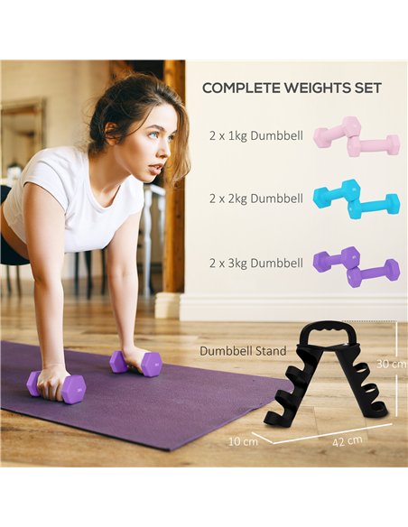 SPORTNOW Dumbbells Set with Storage Rack, 2 x 1kg, 2 x 2kg, 2 x 3kg, Pink - pic 173970 | FastDaddyshop