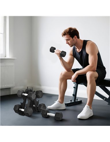 SPORTNOW Hex Dumbbell Set with Weights Storage Rack, Rubber Coated Dumbbells, Non-Slip Chrome Handles, Space-Saving for Home Gym