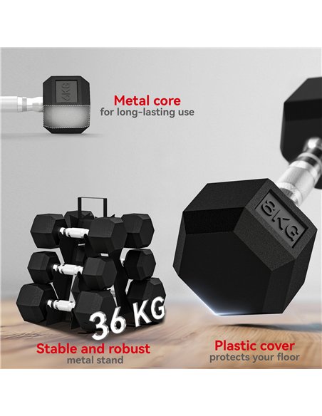SPORTNOW Hex Dumbbell Set with Weights Storage Rack, Rubber Coated Dumbbells, Non-Slip Chrome Handles, Space-Saving for Home Gym - pic 173981 | FastDaddyshop