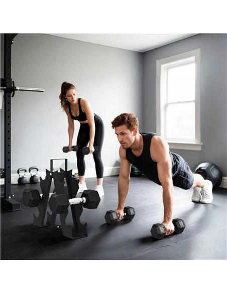 SPORTNOW Hex Dumbbell Set with Weights Storage Rack, Rubber Coated Dumbbells, Non-Slip Chrome Handles, Space-Saving for Home Gym - pic 173983 | FastDaddyshop