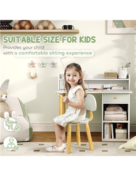 AIYAPLAY Two-Piece Children Study Table with Hutch, Kids Desk and Chair Set with Storage, Drawer, Shelves, Green - pic 174593 | FastDaddyshop