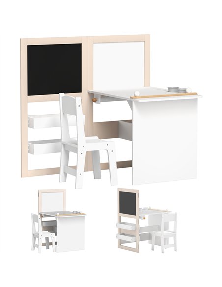 AIYAPLAY 3 in 1 Kids Table and Chair Set with Storage, Whiteboard, Blackboard & Roll Paper for 3-8 Years, White - pic 174597 | FastDaddyshop