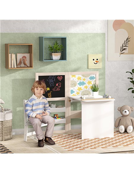 AIYAPLAY 3 in 1 Kids Table and Chair Set with Storage, Whiteboard, Blackboard & Roll Paper for 3-8 Years, White - pic 174598 | FastDaddyshop