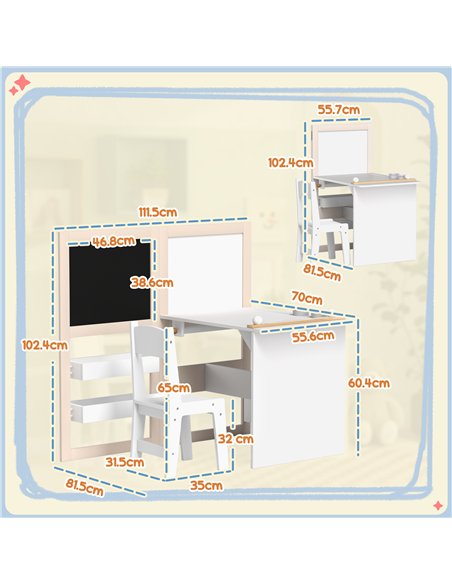 AIYAPLAY 3 in 1 Kids Table and Chair Set with Storage, Whiteboard, Blackboard & Roll Paper for 3-8 Years, White - pic 174599 | FastDaddyshop