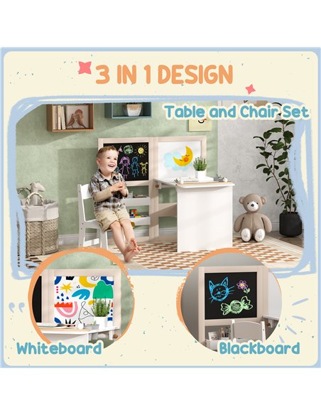 AIYAPLAY 3 in 1 Kids Table and Chair Set with Storage, Whiteboard, Blackboard & Roll Paper for 3-8 Years, White - pic 174600 | FastDaddyshop
