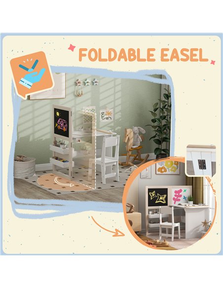 AIYAPLAY 3 in 1 Kids Table and Chair Set with Storage, Whiteboard, Blackboard & Roll Paper for 3-8 Years, White - pic 174601 | FastDaddyshop