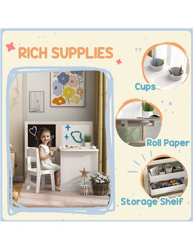 AIYAPLAY 3 in 1 Kids Table and Chair Set with Storage, Whiteboard, Blackboard & Roll Paper for 3-8 Years, White