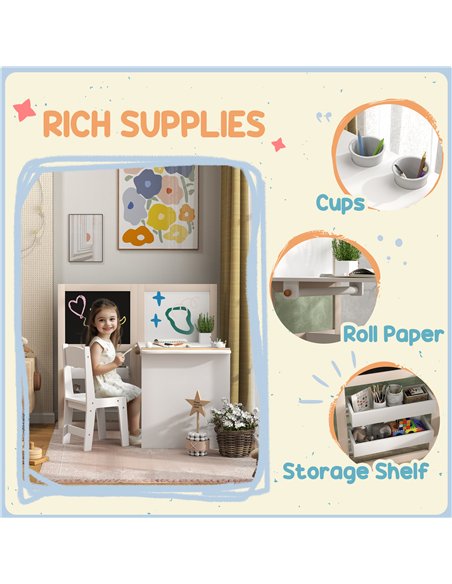 AIYAPLAY 3 in 1 Kids Table and Chair Set with Storage, Whiteboard, Blackboard & Roll Paper for 3-8 Years, White - pic 174602 | FastDaddyshop