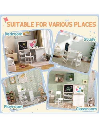 AIYAPLAY 3 in 1 Kids Table and Chair Set with Storage, Whiteboard, Blackboard & Roll Paper for 3-8 Years, White