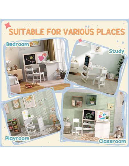 AIYAPLAY 3 in 1 Kids Table and Chair Set with Storage, Whiteboard, Blackboard & Roll Paper for 3-8 Years, White - pic 174604 | FastDaddyshop