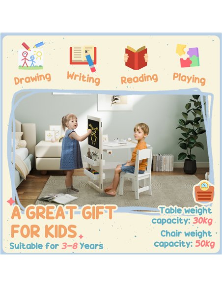 AIYAPLAY 3 in 1 Kids Table and Chair Set with Storage, Whiteboard, Blackboard & Roll Paper for 3-8 Years, White - pic 174605 | FastDaddyshop