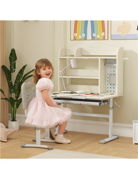 AIYAPLAY Kids Desk Height Adjustable with Tilt-Desktop, Hutch, Drawer, Storage Shelf, Pegboard, for 3-12 Years Old, Natural - pic 174625 | FastDaddyshop