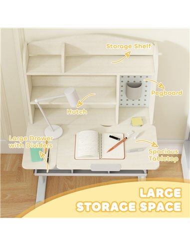 AIYAPLAY Kids Desk Height Adjustable with Tilt-Desktop, Hutch, Drawer, Storage Shelf, Pegboard, for 3-12 Years Old, Natural
