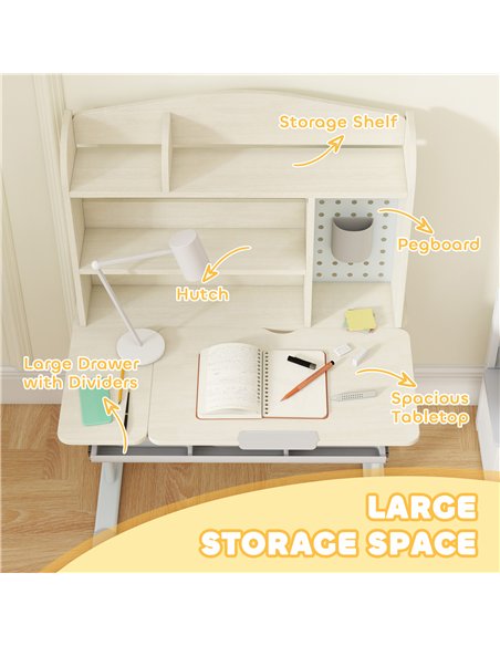 AIYAPLAY Kids Desk Height Adjustable with Tilt-Desktop, Hutch, Drawer, Storage Shelf, Pegboard, for 3-12 Years Old, Natural - pic 174629 | FastDaddyshop
