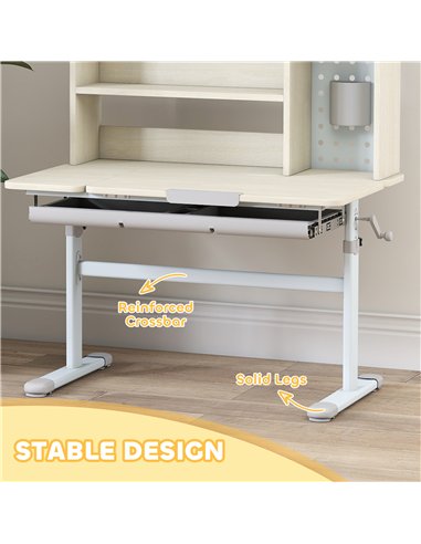 AIYAPLAY Kids Desk Height Adjustable with Tilt-Desktop, Hutch, Drawer, Storage Shelf, Pegboard, for 3-12 Years Old, Natural