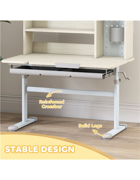 AIYAPLAY Kids Desk Height Adjustable with Tilt-Desktop, Hutch, Drawer, Storage Shelf, Pegboard, for 3-12 Years Old, Natural - pic 174630 | FastDaddyshop