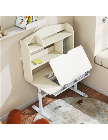 AIYAPLAY Kids Desk Height Adjustable with Tilt-Desktop, Hutch, Drawer, Storage Shelf, Pegboard, for 3-12 Years Old, Natural