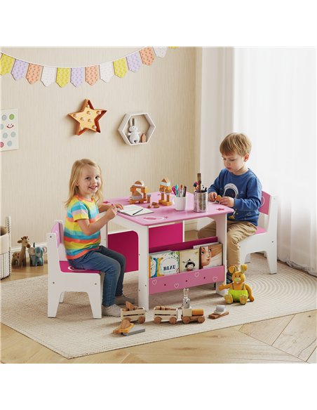 AIYAPLAY 3 Pieces Kids Table and Chair Set, Toddler Activity Table with Bookshelves, for Living Room, Nursery, Playroom, Pink - pic 174679 | FastDaddyshop