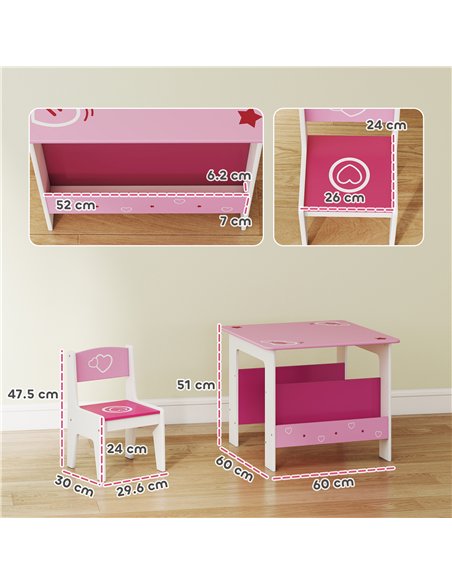 AIYAPLAY 3 Pieces Kids Table and Chair Set, Toddler Activity Table with Bookshelves, for Living Room, Nursery, Playroom, Pink - pic 174680 | FastDaddyshop
