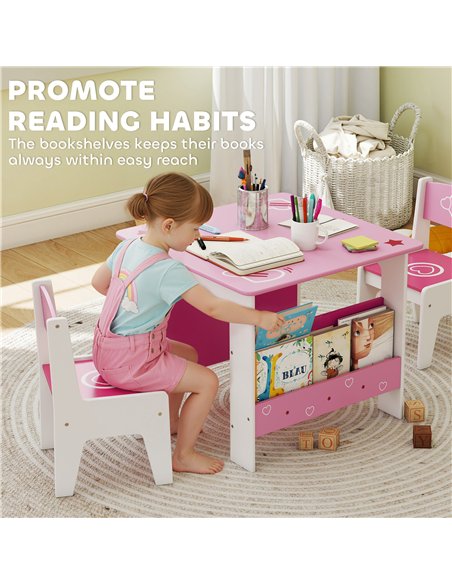 AIYAPLAY 3 Pieces Kids Table and Chair Set, Toddler Activity Table with Bookshelves, for Living Room, Nursery, Playroom, Pink - pic 174683 | FastDaddyshop