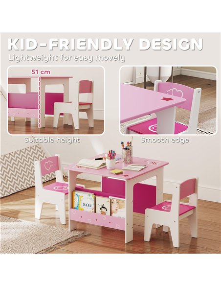 AIYAPLAY 3 Pieces Kids Table and Chair Set, Toddler Activity Table with Bookshelves, for Living Room, Nursery, Playroom, Pink - pic 174684 | FastDaddyshop